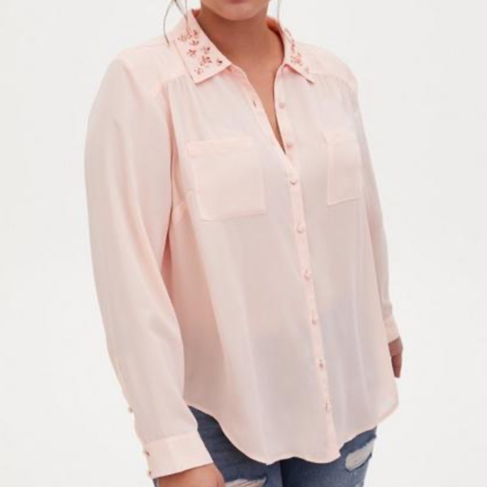 Torrid Madison Light Pink Georgette Embellished Collar Button Front Blouse 5XL